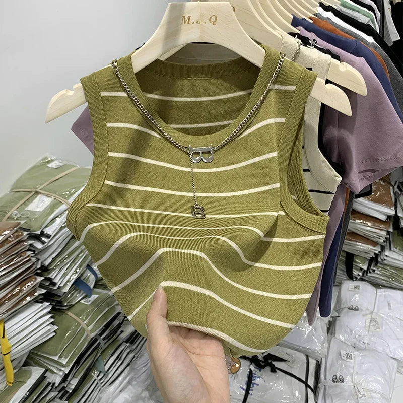 Débardeur Femme Rayé Sans Manches - Top Court Tricot Été Tempérament Élégant
