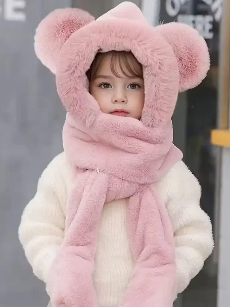 Ensemble Bonnet Écharpe Gants Enfant - Set Hiver Chaud Oreilles Ourson 3-8 Ans
