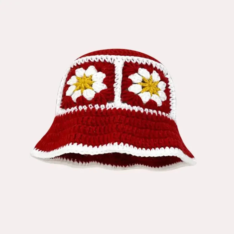 Chapeau Bob Crochet Coréen Fait Main avec Fleurs - Bonnet Tricoté Y2K Femme pour Automne Hiver