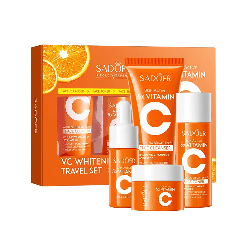 Kit Soin Visage Vitamine C 4 Pièces - Nettoyant Tonique Sérum Crème Éclaircissant Hydratant Voyage