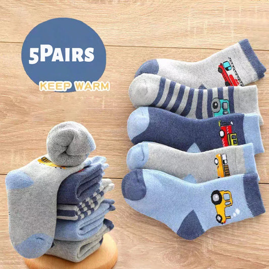Lot 5 Paires Chaussettes Enfant Automne/Hiver - Chaussettes Épaisses Chaudes Garçon Motif Voiture