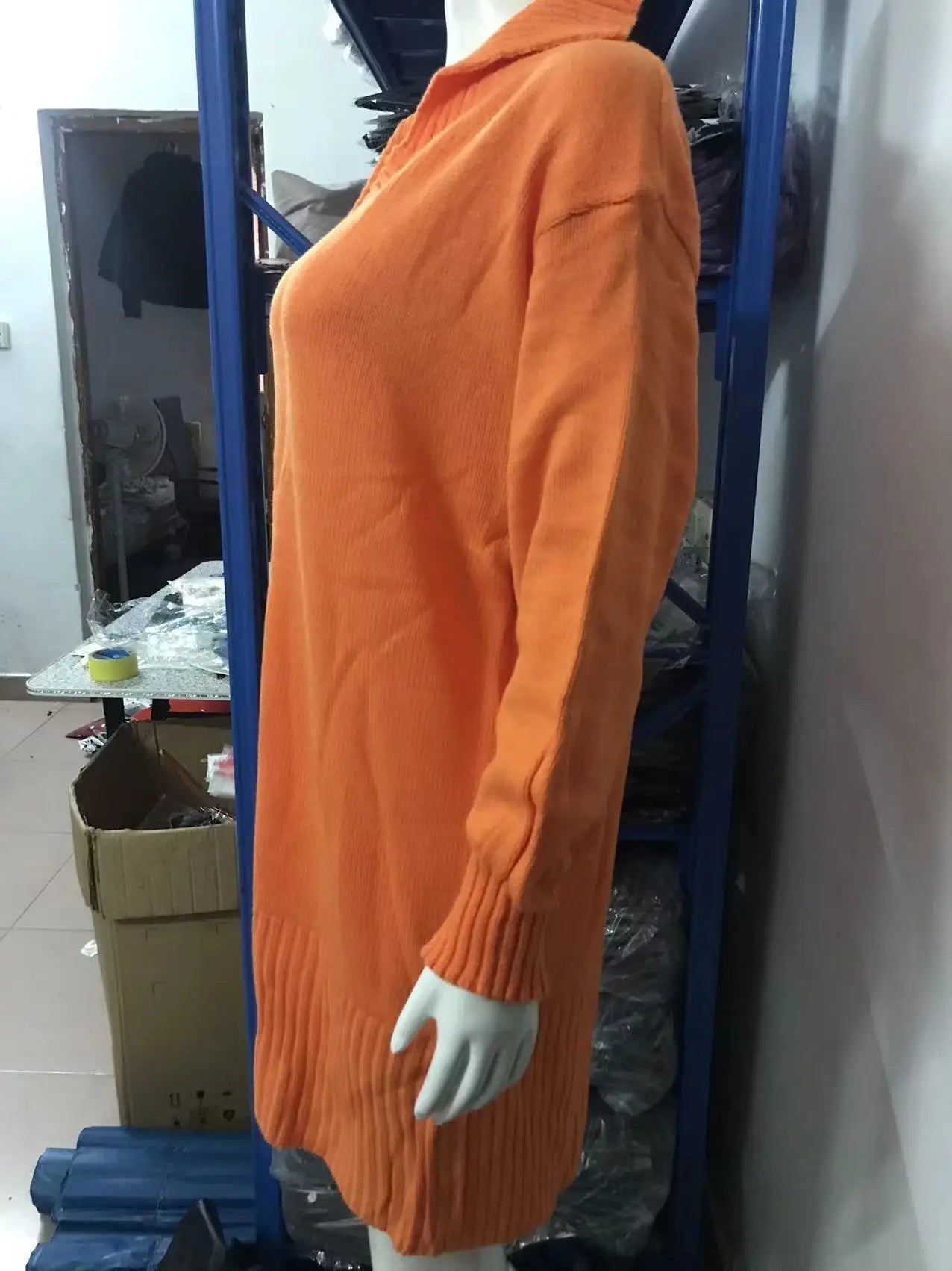 Robe Pull Femme Mi-Longue - Sweater Dress Col Polo Manches Lanterne Tricot Élégant Automne Hiver