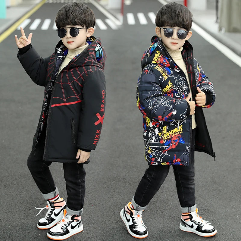 Parka Spiderman Garçon Ado - Manteau Hiver Réversible Chaud Long