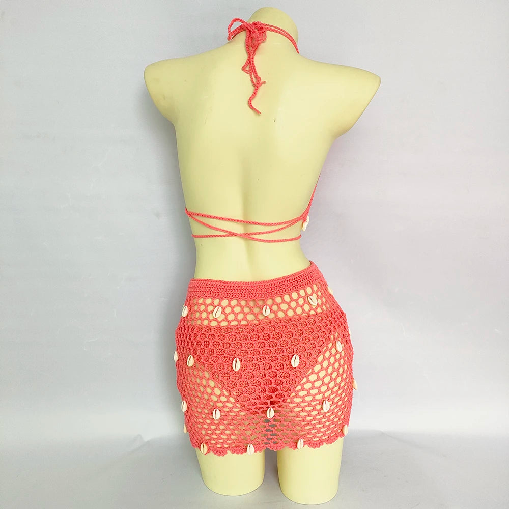Ensemble Bikini 4 Pièces Crochet avec Coquillages - Top à Franges, Sexy,Taille Haute et Jupe