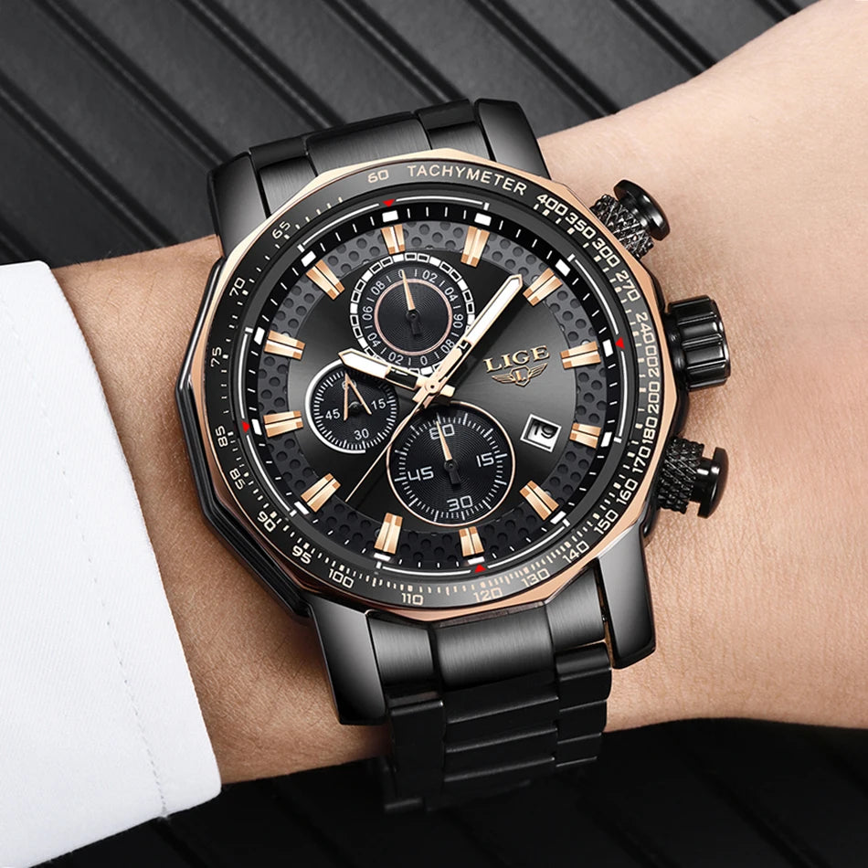 Montre Sport Homme LIGE Chronographe Or Noir - Acier Waterproof Luxury
