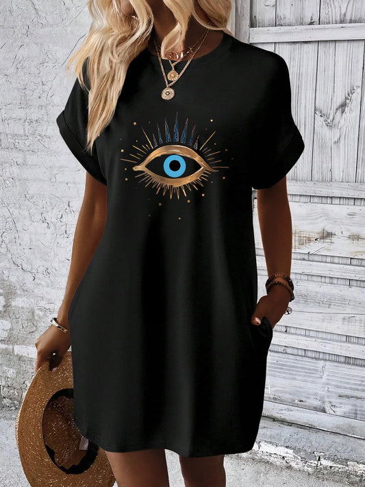 Robe Noire Été Loose Imprimée - Col Rond Manches Courtes Poches Casual Grande Taille