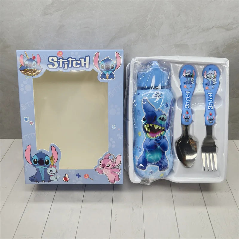 Set Vaisselle Enfant Disney Stitch 3 Pièces - Gourde Cuillère Fourchette Cartoon Portable Outdoor Cadeau