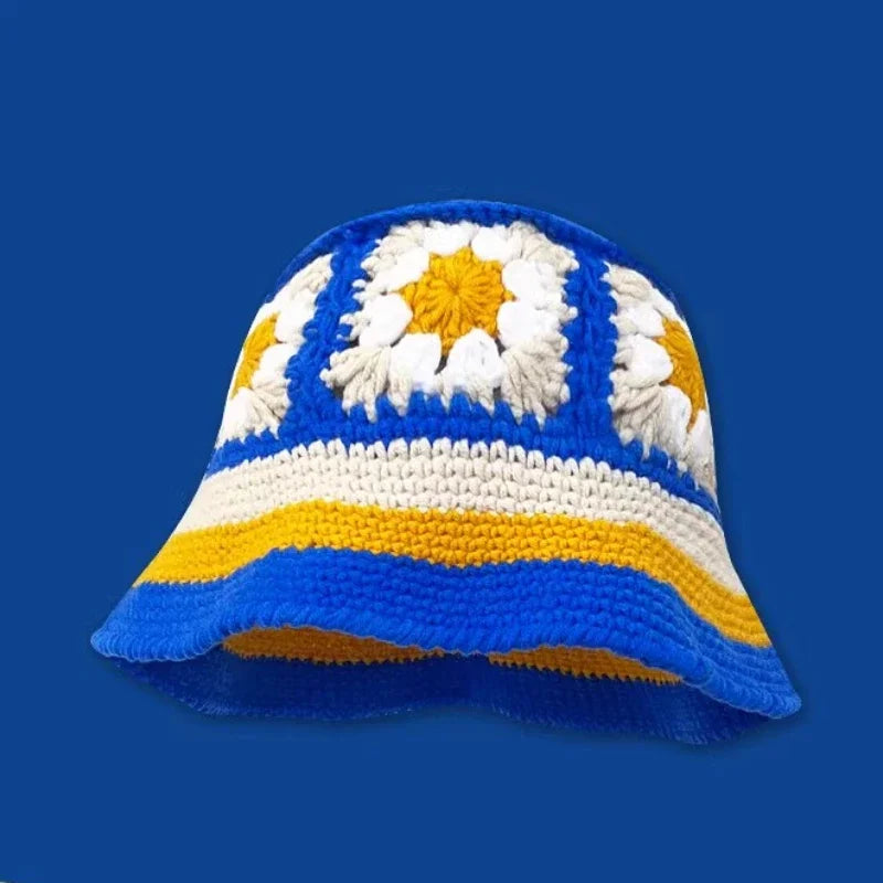 Chapeau Bob Crochet Coréen Fait Main avec Fleurs - Bonnet Tricoté Y2K Femme pour Automne Hiver