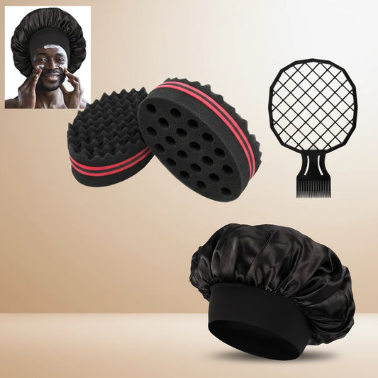 Set 3pcs Accessoires Cheveux Bouclés - Brosse Mousse Sculptante Peigne Démêlant Aiguilles Acier Bonnet Nuit Satin