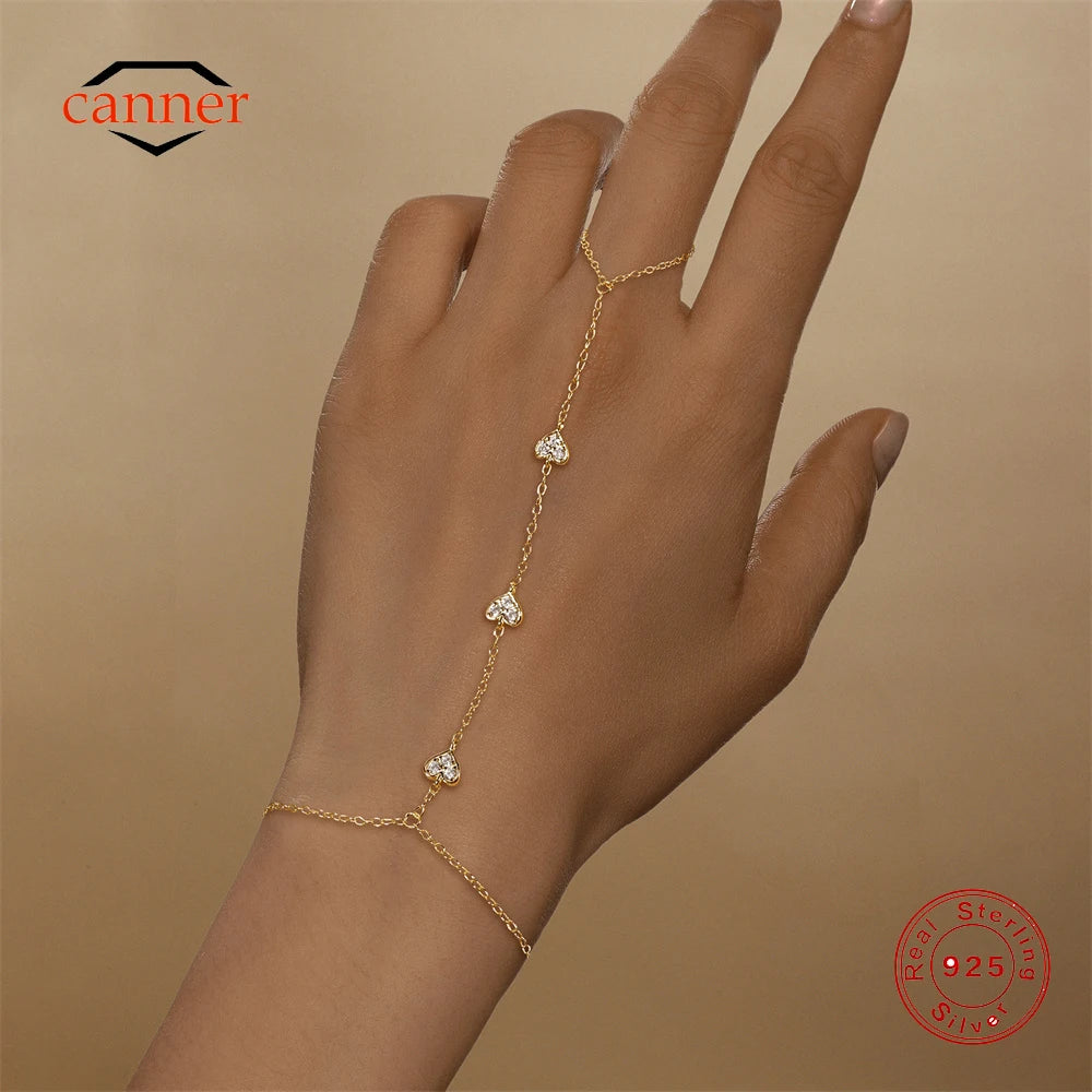 Bracelet Bague Argent 925 Cœur Pétale Zircon - Chaîne Main Femme Minimaliste Scintillant