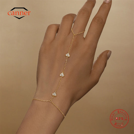 Bracelet Bague Argent 925 Cœur Pétale Zircon - Chaîne Main Femme Minimaliste Scintillant