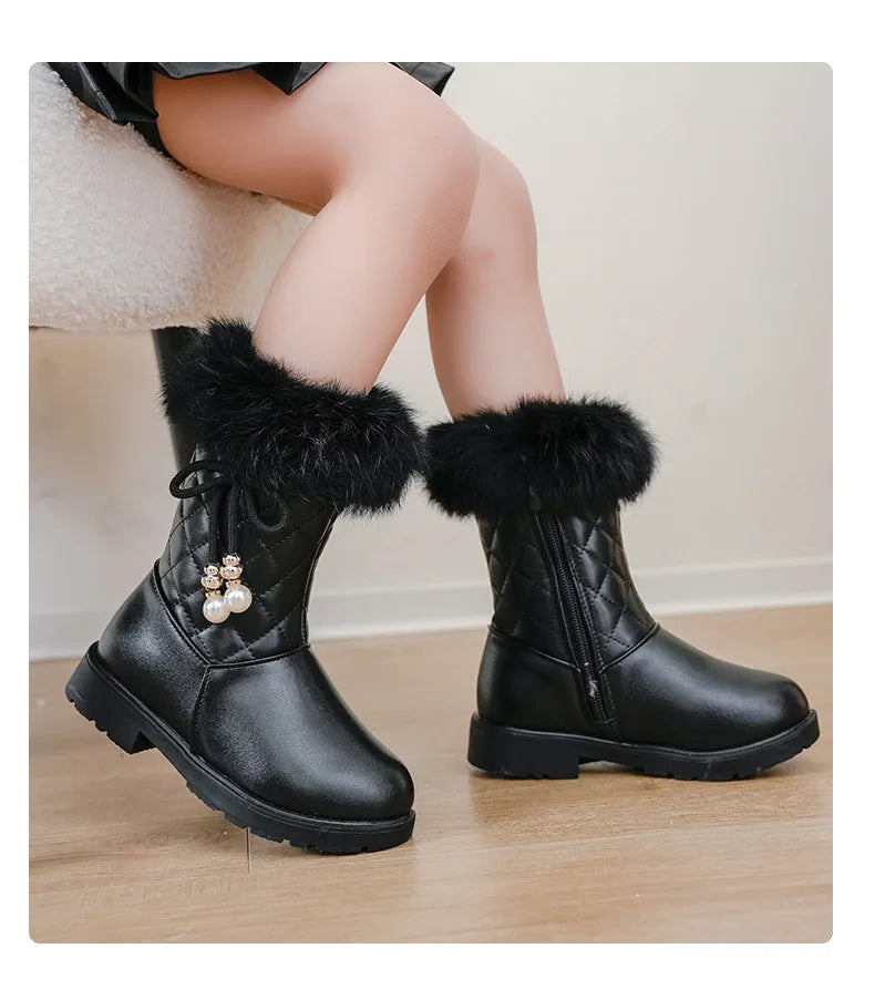 Bottes Neige Filles 2025 avec Nœud - Bottines Hiver Fourrées Imperméables Mi-Mollet