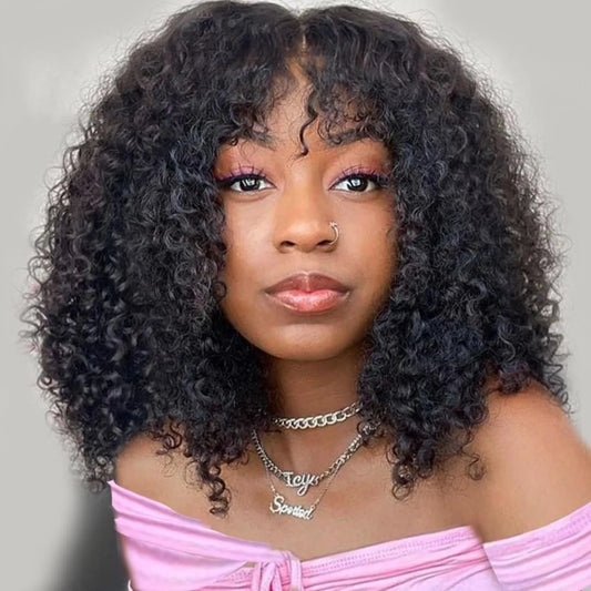 Perruque Bob Courte Jerry Curl - Cheveux Naturels Brésiliens avec Frange