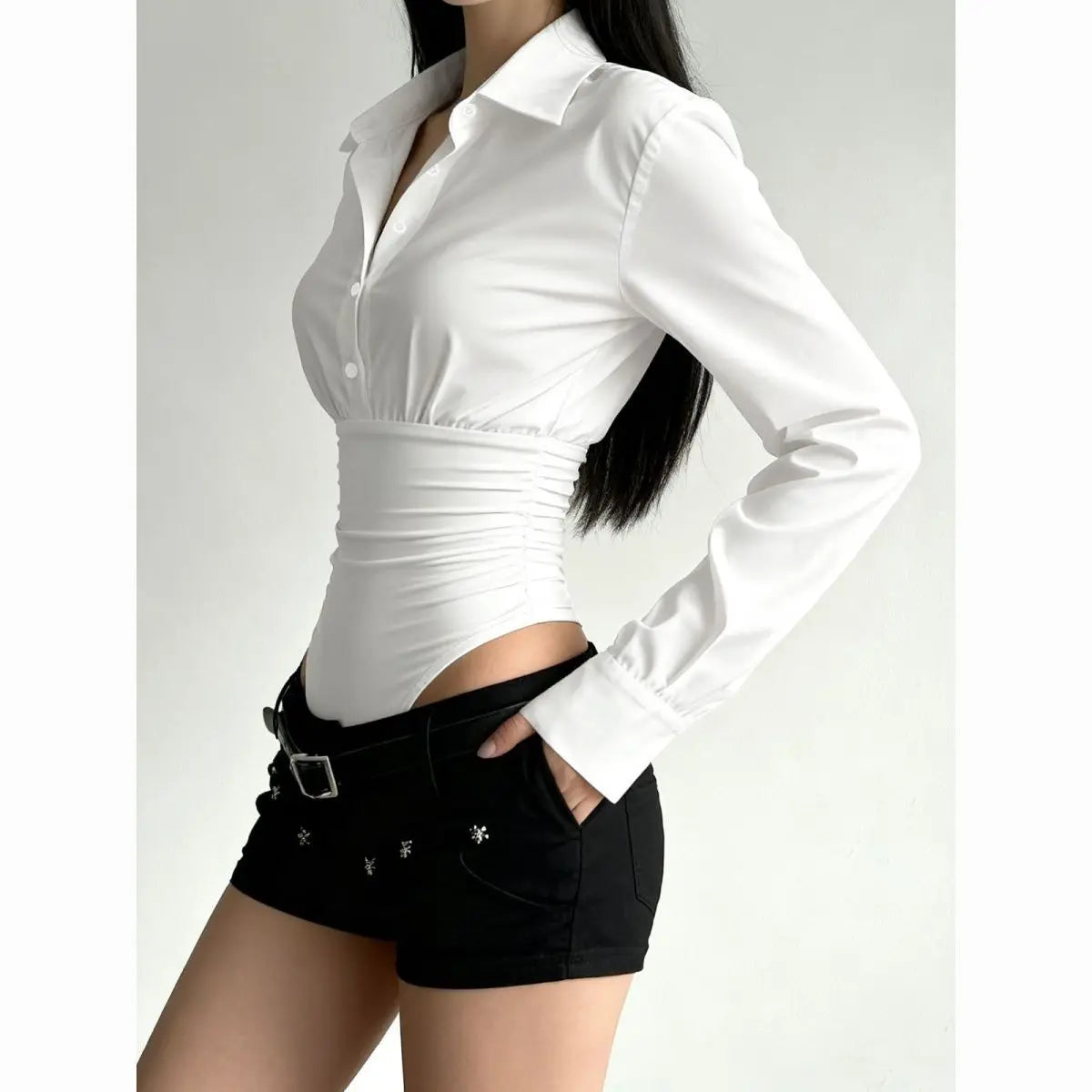 Chemise Body Femme Manches Longues Tendance - Top 3D Slim Fit Polyvalent Été
