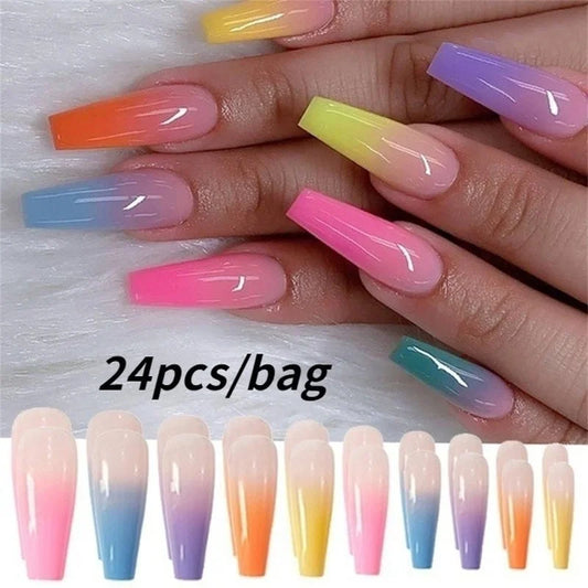Lot 24pcs Faux Ongles Longs Coffin Arc-en-Ciel - Ballerine Capsules Nail Art Manucure Artificiel Beauté Décoratifs