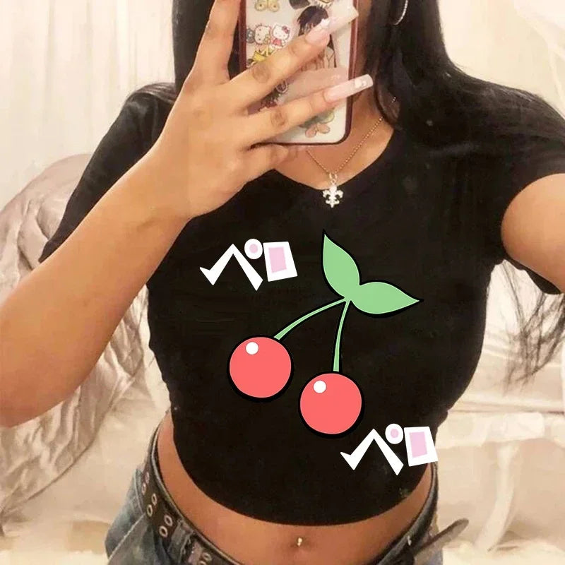 Top Crop Femme Strawberry Cherry - T-Shirt Gothic Harajuku 90s Streetwear Été