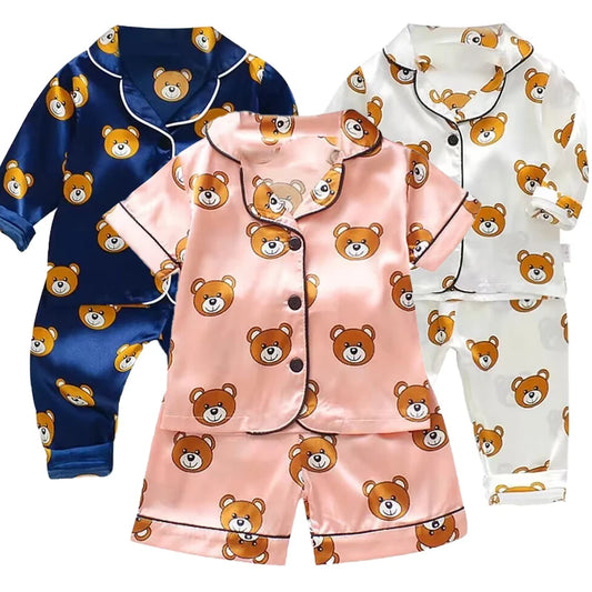 Kids Cartoon Bear Pajama Set - Ice Silk Satin Summer Sleepwear