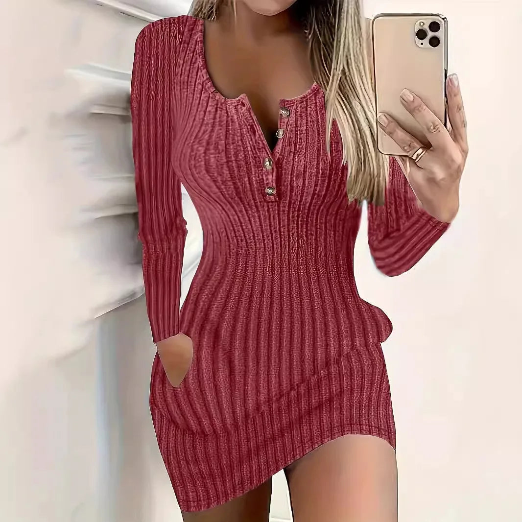 Robe Pull Femme Boutons Manches Longues - Mini Robe Moulante Tricot Côtelé Automne Hiver