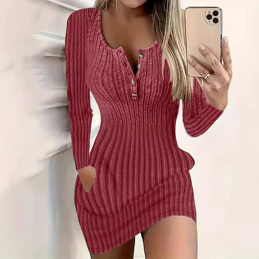 Robe Pull Femme Boutons Manches Longues - Mini Robe Moulante Tricot Côtelé Automne Hiver