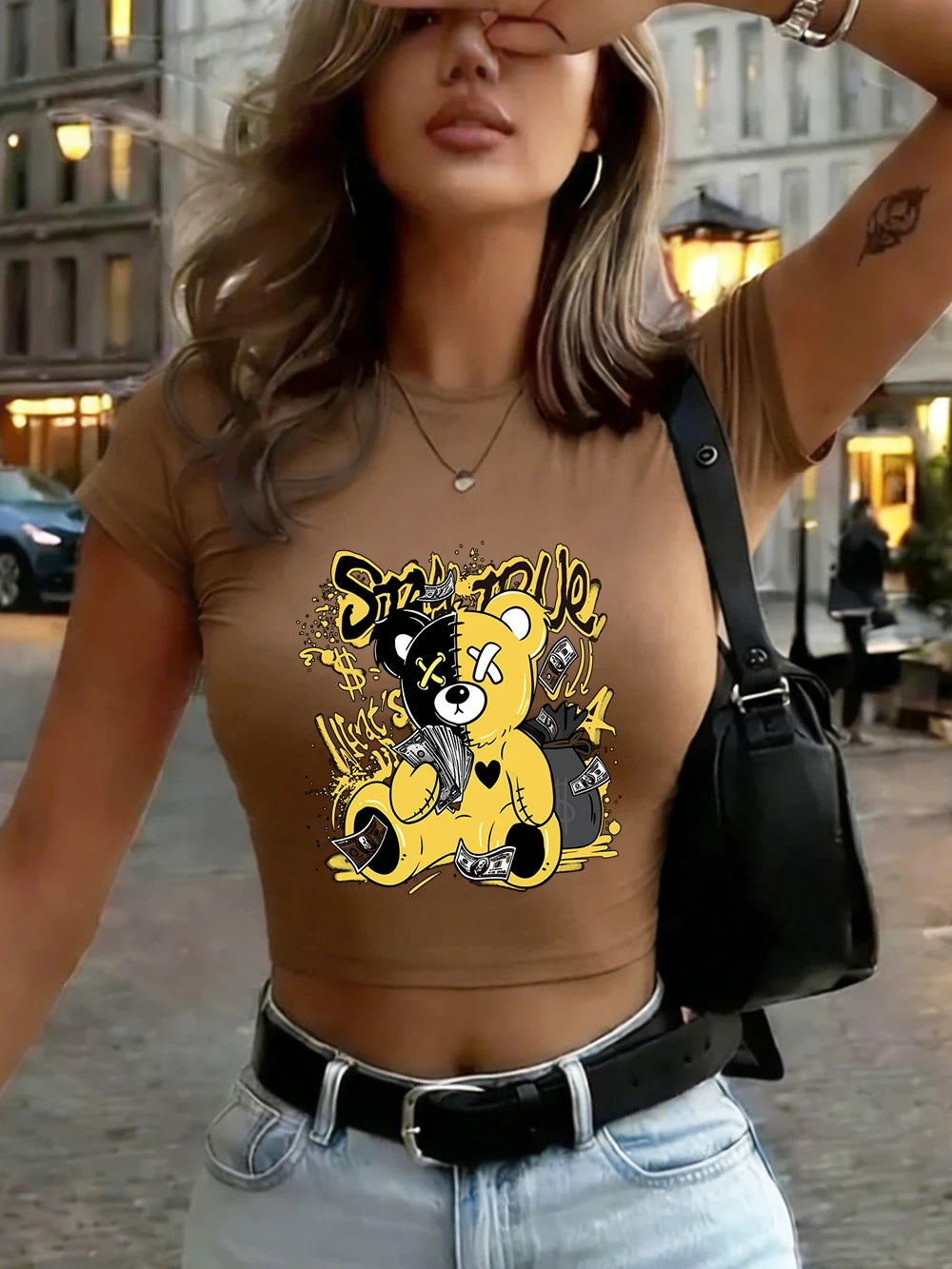 Top Crop Femme Ours Mignon Imprimé - Col Rond Manches Courtes Ajusté Sexy Été