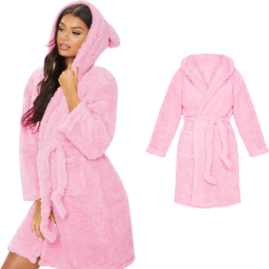 Peignoir Femme Hiver Polaire Oreilles Animaux - Robe de Chambre Douce à Capuche Manches Longues