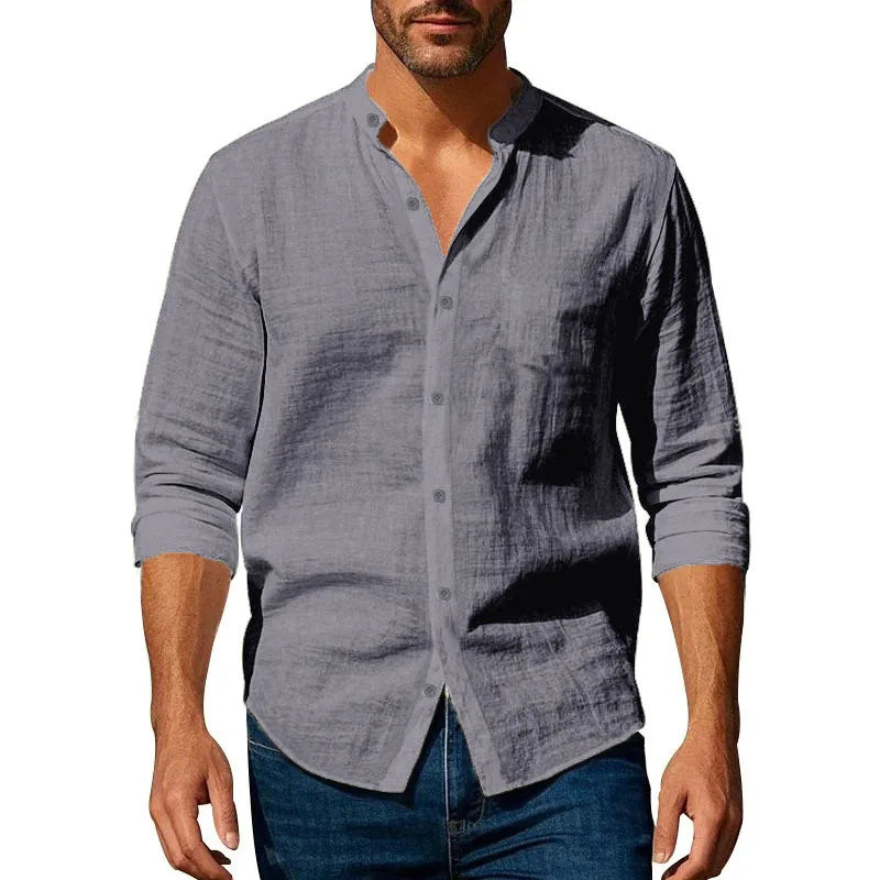Chemise Homme Coton Lin Henley - Respirante Slim Fit Manches Longues