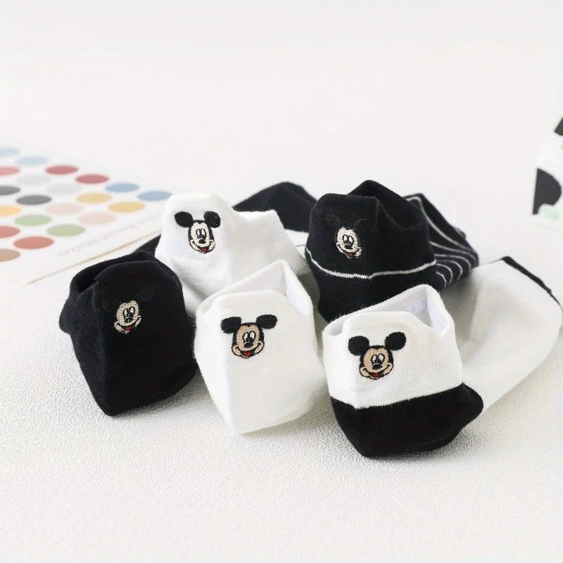 Lot 5 Paires Chaussettes Mickey Mouse Enfant - Socquettes Coton Noir Blanc Cartoon Respirantes