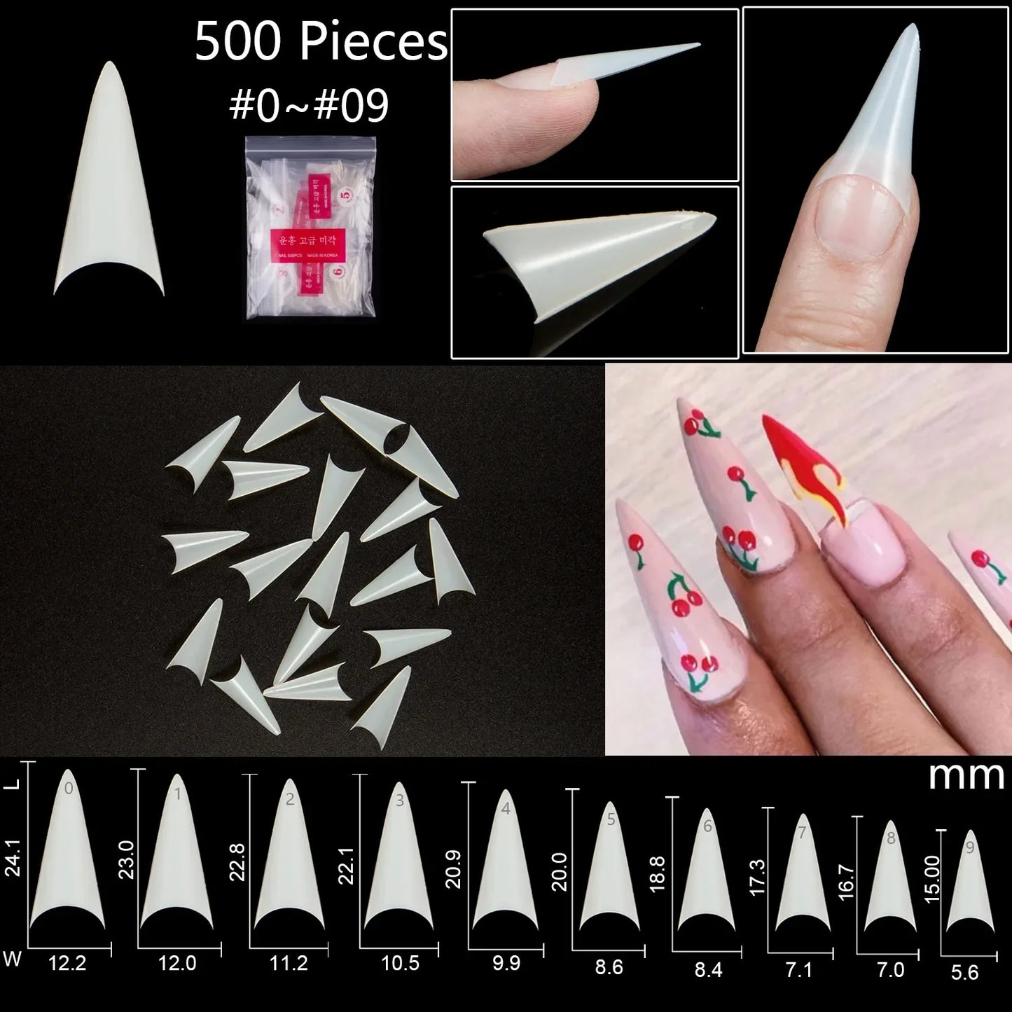 Lot 500 Capsules Ongles Stiletto Courtes XS Faux Ongles Manucure Nail Art Design 10 Tailles Acrylique Capsule