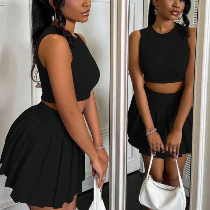 Ensemble 2 Pièces Femme Été Sans Manches - Débardeur Slim + Jupe Mini Plissée Taille Haute Fashion Sexy Élégant
