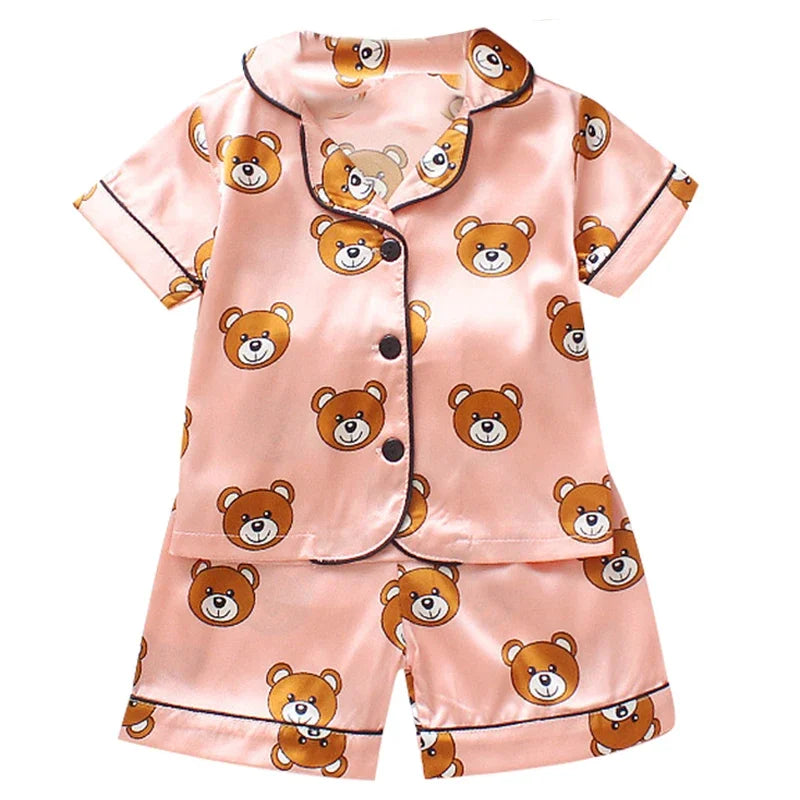 Kids Cartoon Bear Pajama Set - Ice Silk Satin Summer Sleepwear