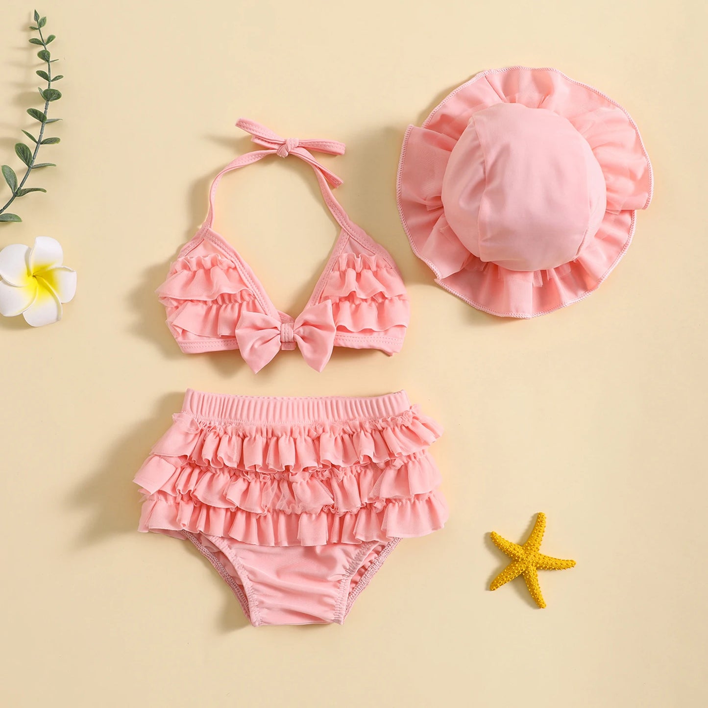 Maillot de Bain Bébé Fille 3 Pièces - Bikini Nœud Halter Volants Chapeau Été