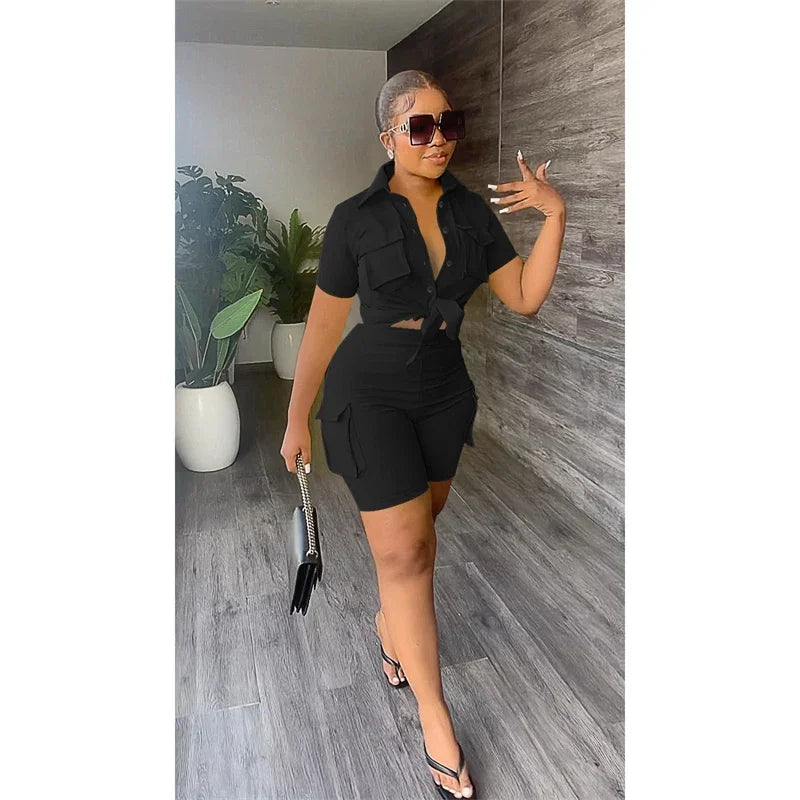 Ensemble Femme 2 Pièces Streetwear - Chemise Manches Courtes à Boutons & Short Poches Été
