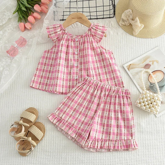 Ensemble 2 pièces fille été - Top vichy rose + Short dentelle