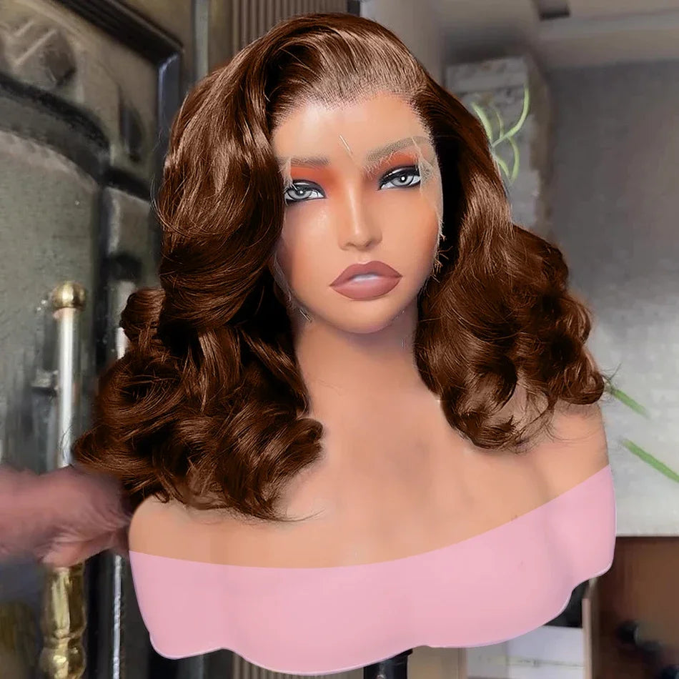 Perruque Bob Cheveux Humains Marron Chocolat - Lace Frontal 13x4 HD Ondulée 16 Pouces