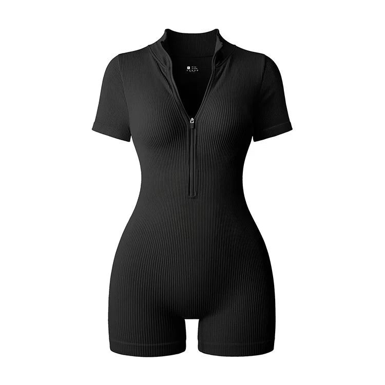Combinaison Yoga Femme Été 2025 - Body Sport Manches Courtes Zippé Fitness Running