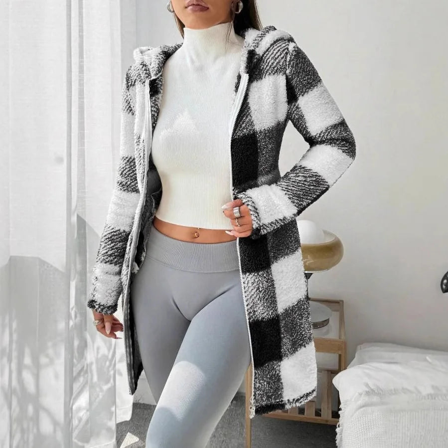 Manteau Femme Hiver Chaud Peluche - Carreaux Capuche Long Zip Cardigan