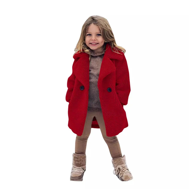 Veste Laine d'Agneau Enfant - Manteau Chaud Hiver Polaire - Boutons Simple Rangée 2-14 Ans