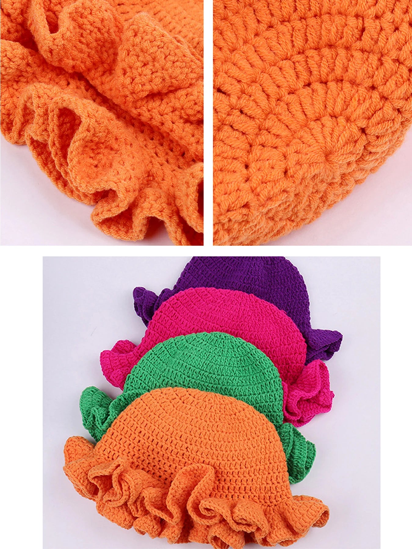 Chapeau Bob Tricoté Moelleux Femme - Bonnet Crochet Ajouré avec Volants Style Pêcheur pour Automne Hiver