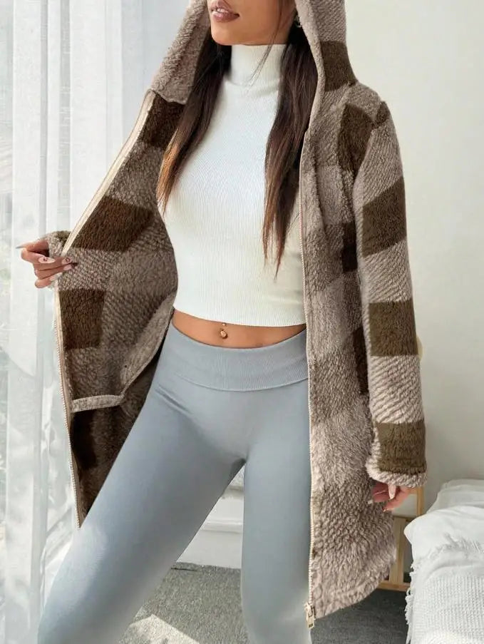 Manteau Femme Hiver Chaud Peluche - Carreaux Capuche Long Zip Cardigan