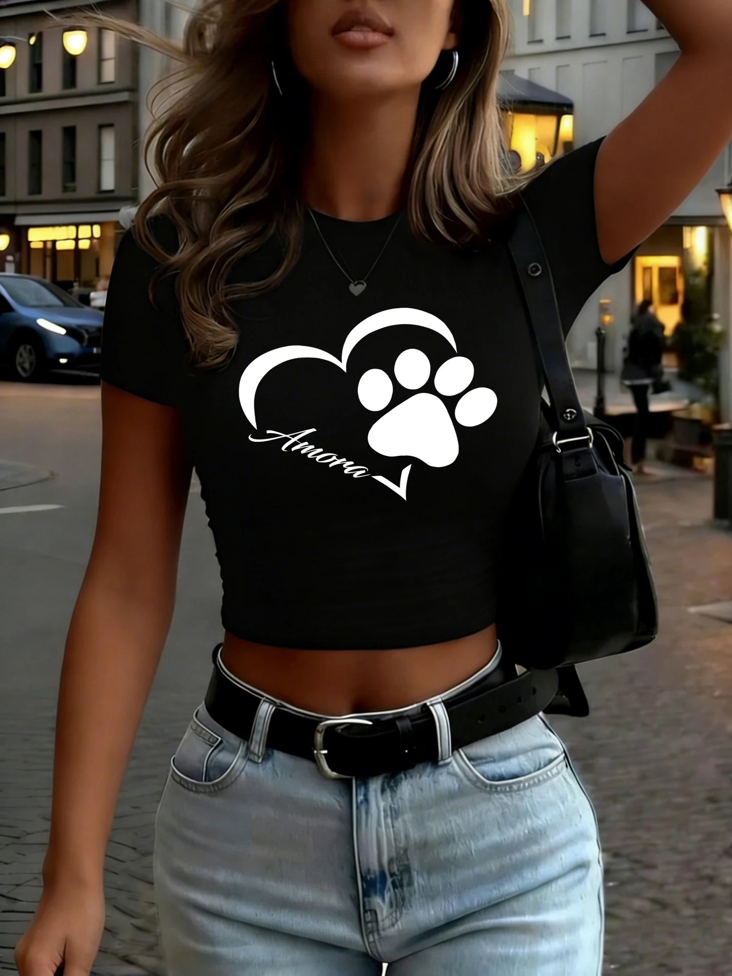 Top Crop Femme Love & Little Cat Foot - T-Shirt Hip Hop Yoga Casual Col Rond Été
