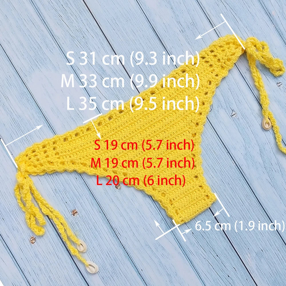 Ensemble Bikini 3 Pièces Crochet avec Coquillages - Top à Franges, String Sexy et Chaîne de Cheville Coquillage