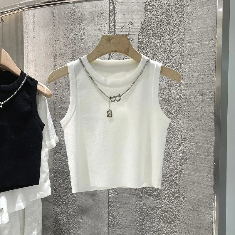 Débardeur Femme Rayé Sans Manches - Top Court Tricot Été Tempérament Élégant