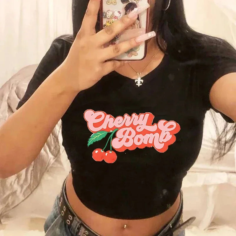 Top Crop Femme Strawberry Cherry - T-Shirt Gothic Harajuku 90s Streetwear Été