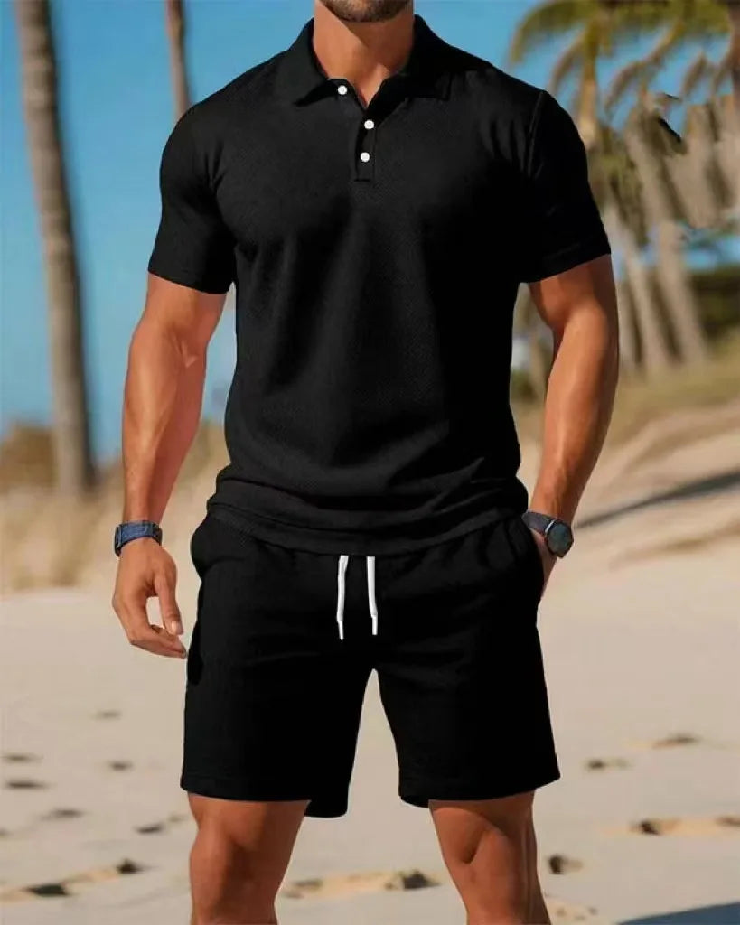 Ensemble Homme 2 Pièces Grande Taille - Polo Manches Courtes à Boutons & Short Mesh Respirant Été Casual