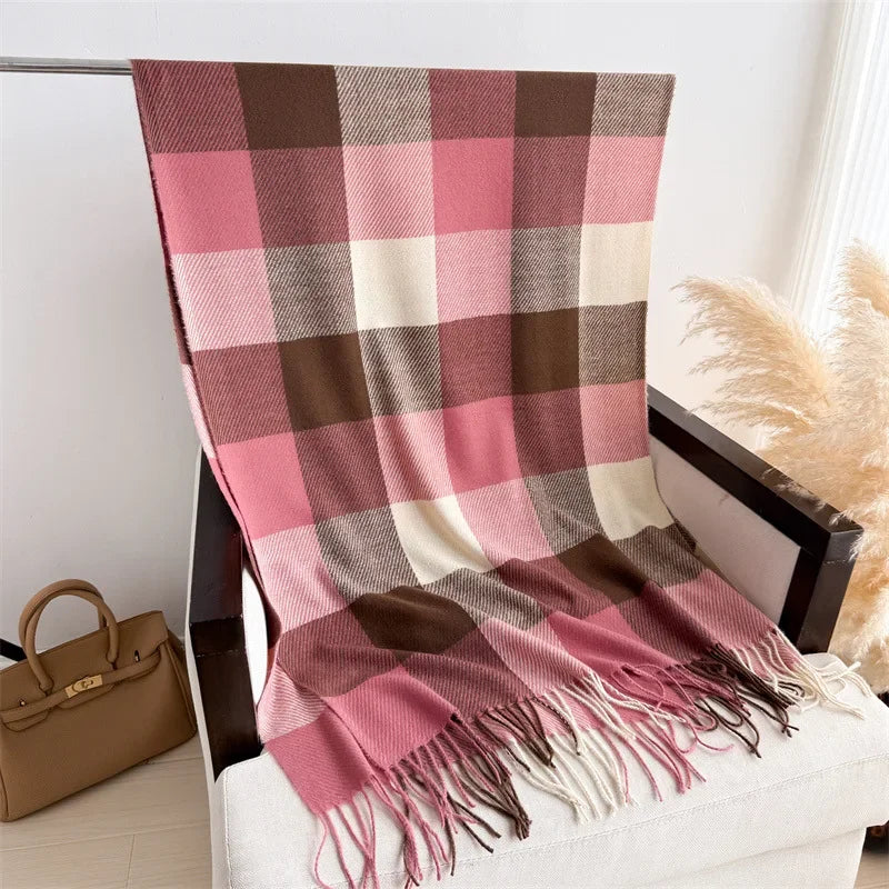 Écharpe Plaid Carreaux Luxe Automne/Hiver - Pashmina Châle Franges Femme Chaud