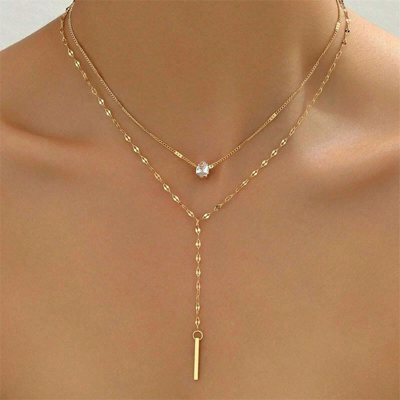 Collier Double Couche Y Minimaliste - Clavicule Long Chain Drop Pendentif Party Body Jewelry Cadeau Femme