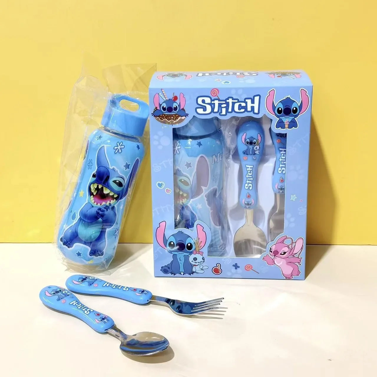 Set Vaisselle Enfant Disney Stitch 3 Pièces - Gourde Cuillère Fourchette Cartoon Portable Outdoor Cadeau