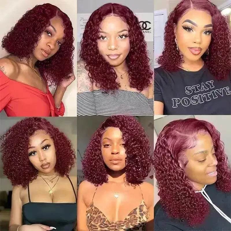 Perruque Bob Courte Water Wave Bordeaux 99J - Cheveux Naturels Remy avec Lace Frontal 13x4