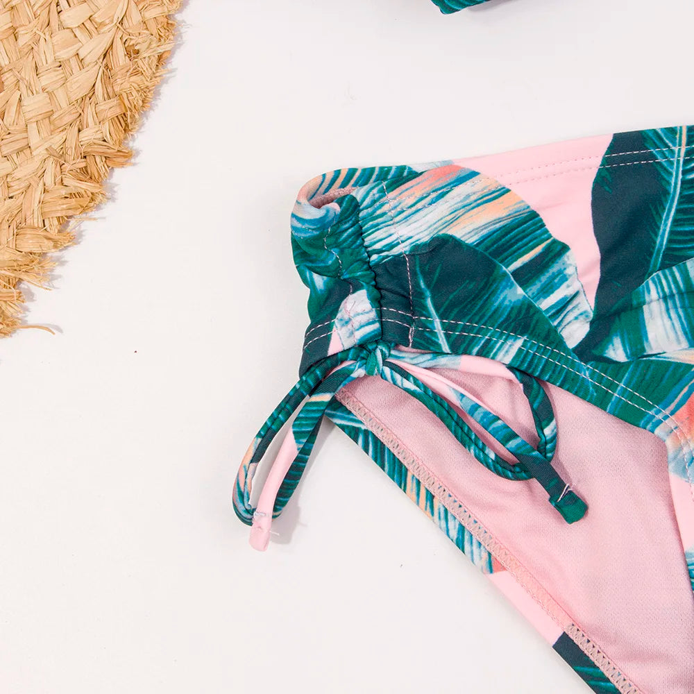 Maillot de Bain Bikini Fille Imprimé Feuilles - Bandage Volants 7-14 Ans Été