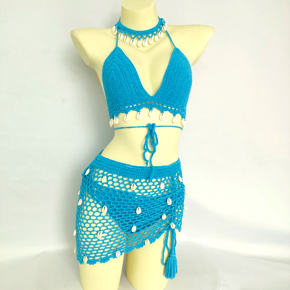 Ensemble Bikini 4 Pièces Crochet avec Coquillages - Top à Franges, Sexy,Taille Haute et Jupe